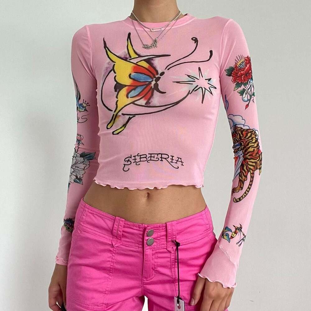 Ed Hardy x Siberia Hills Pink Mesh Tattoo Long Sleeve Top